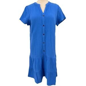 J. Jill Cotton Gauze Tiered Dress Beach Short Sleeve M Tall Minimalist Blue NWT